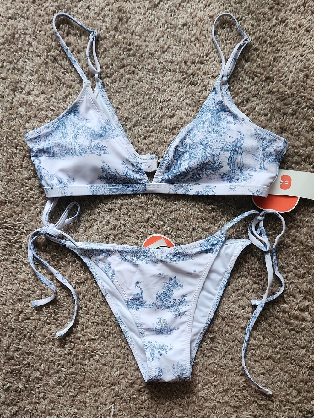 Cider BLue Toile Print String Bikini Set
